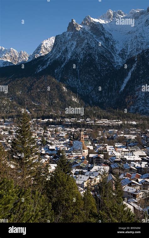Germany Bavaria Mittenwald View Over Mittenwald Town Rooftops From