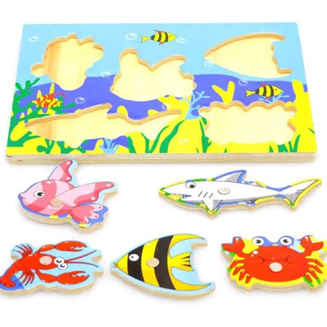 Wooden Magnetic Fishing Game 3d Jigsaw Puzzle Toy Wood Fish Toys Kids