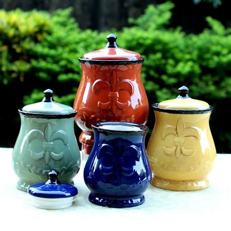 Country Kitchen Canister Set Tuscan Decorative Red Green Blue Yellow