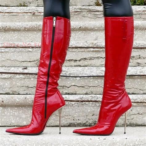 Pointy Red Patent Knee High Boots Women Needle Heels Stretch Leather Luxury Long Boots Stiletto