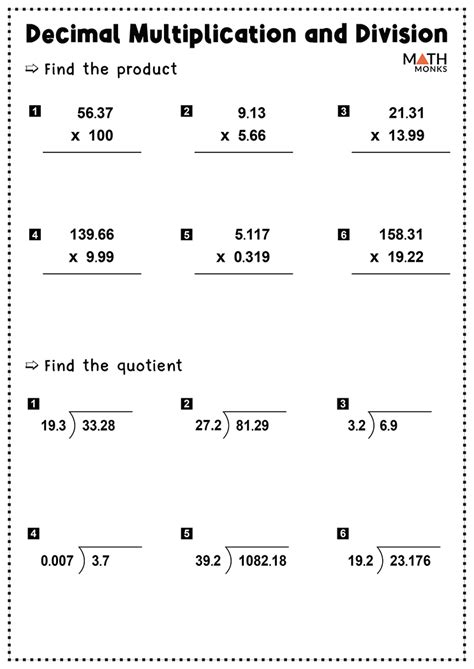 Worksheet For Multiply And Divide Decimal Numbers