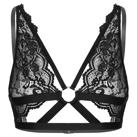 Womens Erotic Sexy Bra See Through Floral Lace Strappy Hot Bra Tops Hollow Out O Ring Bralette