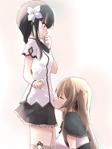 safebooru 2girls assault lily bangs black capelet black hair black ribbon black skirt blush