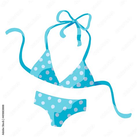 Woman Swimsuit Blue Bikini With Polka Dots Print Hand Drawn Vector