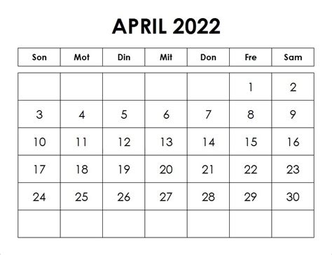 Leer 2022 April Kalender Deutsch Druckbarer 2022 Kalender