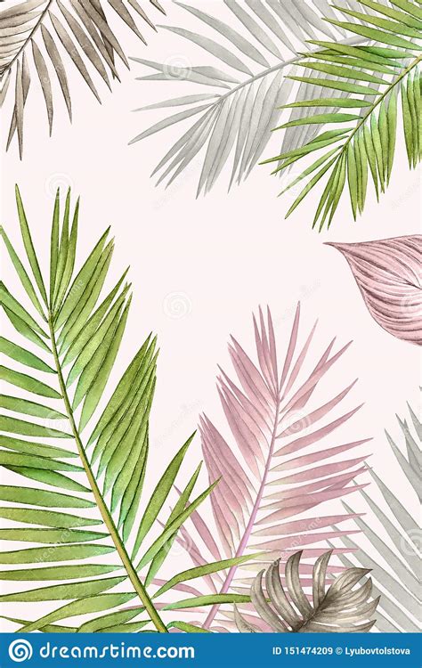 Tropical Design With Watercolor Palm Leaves In Pastel Colors Stock