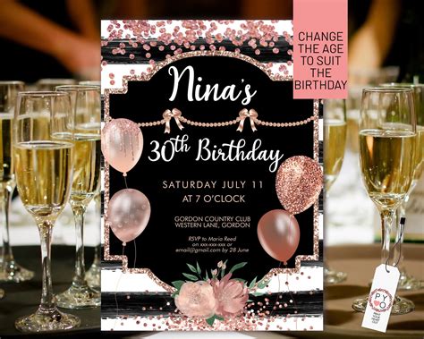 Rose Gold Birthday Balloons Invitation Printable Template, Black White Stripes Glitter Editable ...