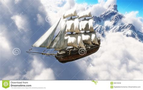 Fantasy Concept Of A Pirate Ship Sailing Through The Clouds With Snow