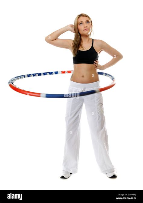 Full Length Young Sporty Girl Doing Exercise With Hula Hoop Fitness Woman Isolated On White