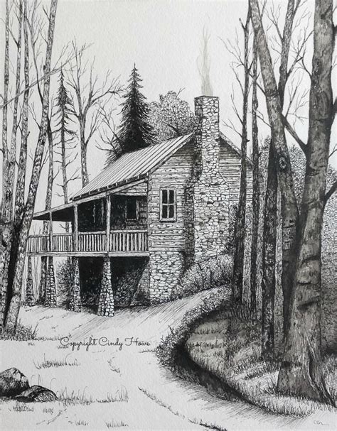 Log Cabin Print Country Cabin Landscape Cabins Pen And Etsy