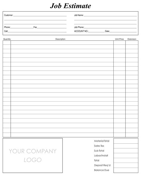 Free Printable Estimate Forms Templates Printable Forms Free Online