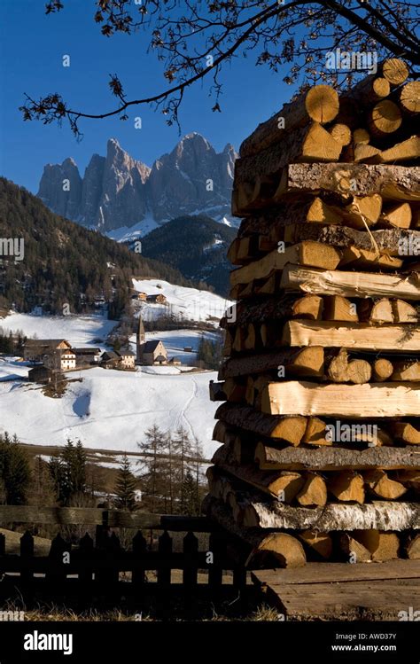 Village Of Saint Magdalena In Winter Snow Val Di Funes Italy Stock