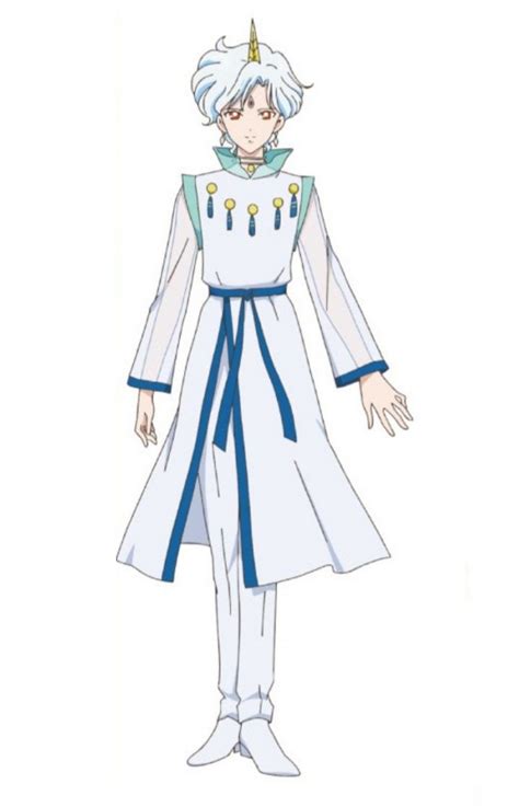 An Anime Character With White Hair Wearing A Blue And White Dress Standing In Front Of A