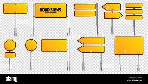 Road Yellow Traffic Signs Set Blank Board With Place For Text Mockup