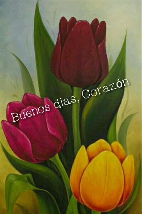 An Oil Painting Of Tulips And Other Flowers On A White Background With