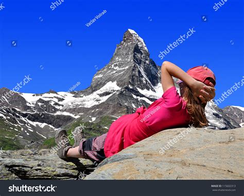 Girl Looking Beautiful Mount Matterhorn Swiss Stock Photo