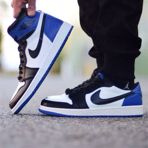 The shoe brings genuine university blue leather to the ankle, heel, toe and outsole, black on the swoosh and collar and contrasts it with a white update (10/26/2020): 'Fragment'-Inspired Custom Air Jordan 1 Lows | DopeKoto