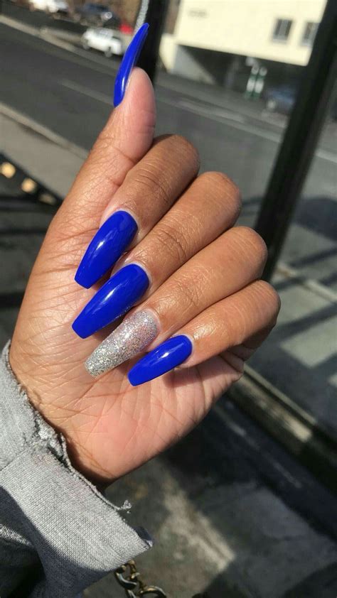 @Vox0le ⚠ | Blue acrylic nails, Royal blue nails, Shiny ... If you want opulent coffin nail designs, choose a dark blue color with white stones.