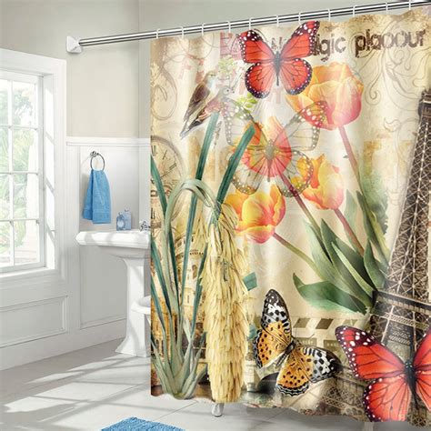 S Morebuy Fabric Floral Shower Curtain Set Tulip And Butterfly