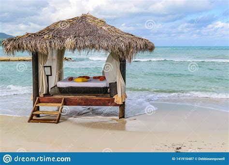 Thatch Roof Hut Massage Bed On Tropical Island White Sand Beach Luxury Vacation Resort Spa
