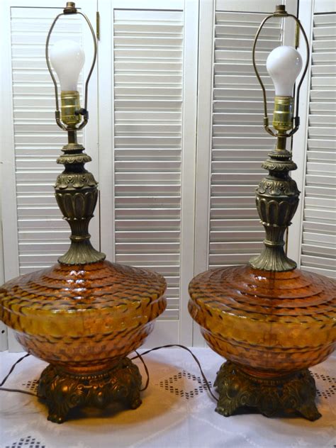 Vintage Table Lamp Set Of 2 Amber Glass And Brass Bohemian Etsy