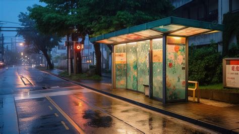 Halte Bus Di Malam Hari Di Kota Jepang Halte Bus Dengan Papan Buletin