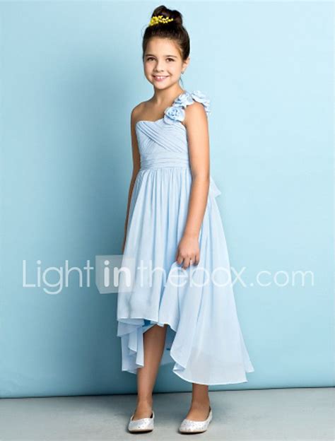 A Line One Shoulder Asymmetrical Chiffon Junior Bridesmaid Dress With