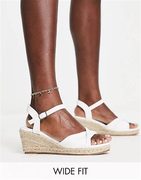 Glamorous Wide Fit Mid Espadrille Wedge Sandals In White Pu Asos