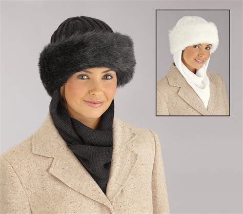 Faux Fur Trimmed Winter Hat With Attached Scarf Collections Etc