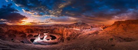 Reflection Canyon And Navajo Mountain At Sunrise Panorama Stock Image