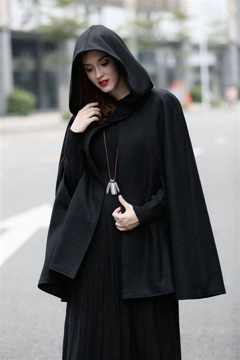 Black Hooded Wool Coat Wool Cloak Cape Cashmere Women Wool Etsy