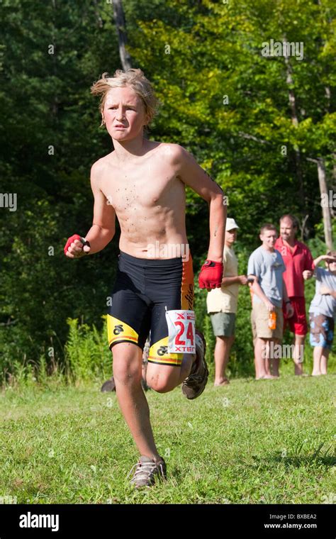 Young Boy Kid Running Triathlon Race Stock Photo Royalty Free Image