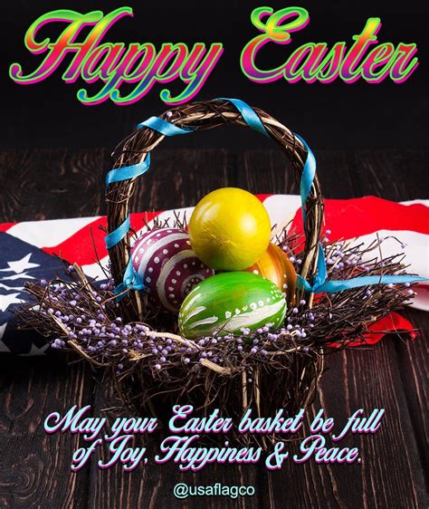 An Easter Card With Eggs In A Basket And The American Flag Behind It On