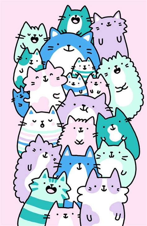 Pastel Pile Of Cats Art Print Doodle Art Drawing Cat Drawing Kawaii
