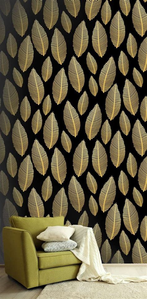 Metallic Gold Leaf Pattern On Black Background Pattern Wallpaper