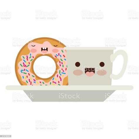 Kawaii Kaffee Tasse Und Donut Mit Creme Glasur Auf Teller Bunte