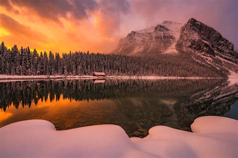 A Winter Sunrise At Lake Louise In Banff National Park In Alberta