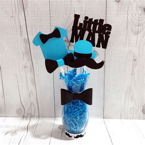 Each component is detailed with whimsical black mustaches, and features a chic color combination of lime green, light blue and gray. Little Man Centerpiece Vase … | Lil man baby shower ...