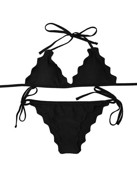 Tie Side Scalloped Halter Bikini Set Black L Halter Bikini Set