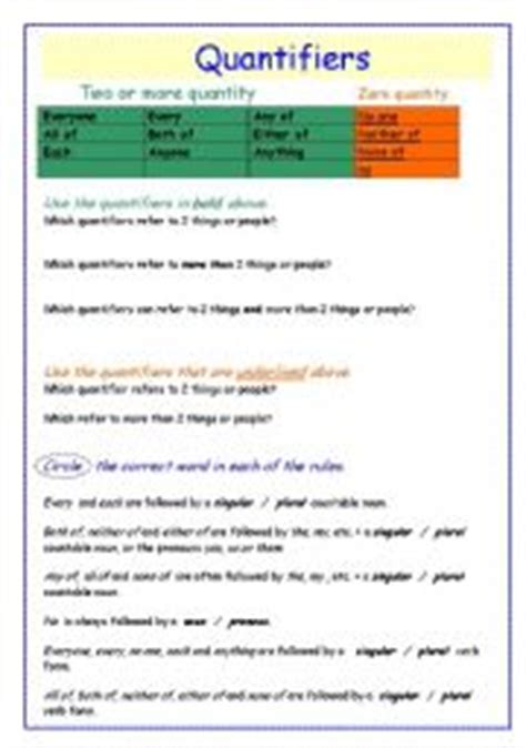 Quantifiers in english grammar are determiners that provide information about the quantity of another word or phrase. Quantifiers - worksheet by missjosifek