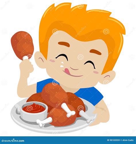 Kid Boy Eating Fried Chicken Stock Vector Illustration Of Chicken