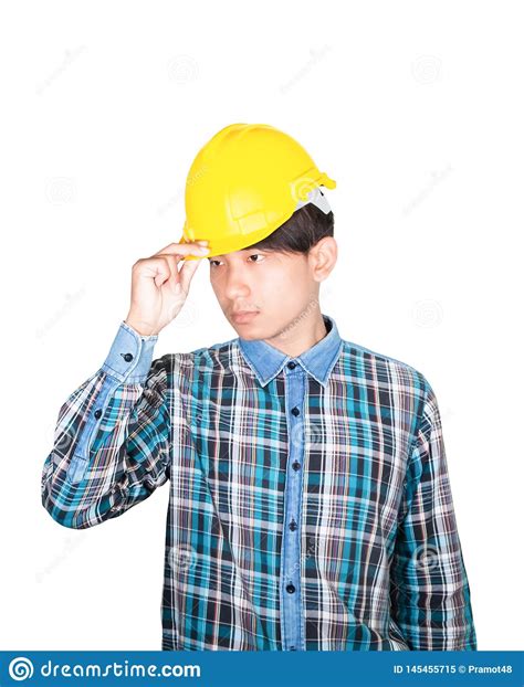 Engineer Hand Catch Hold White Safety Helmet Plastic On Head