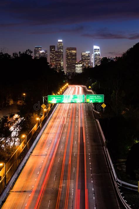 Los Angeles Downtown City Skyline Rush Hour Traffic Dusk Stock Image