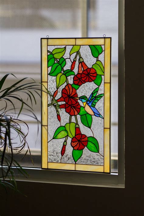 Tiffany Style Stained Glass Window Panel Hummingbird With Poppy Flowers