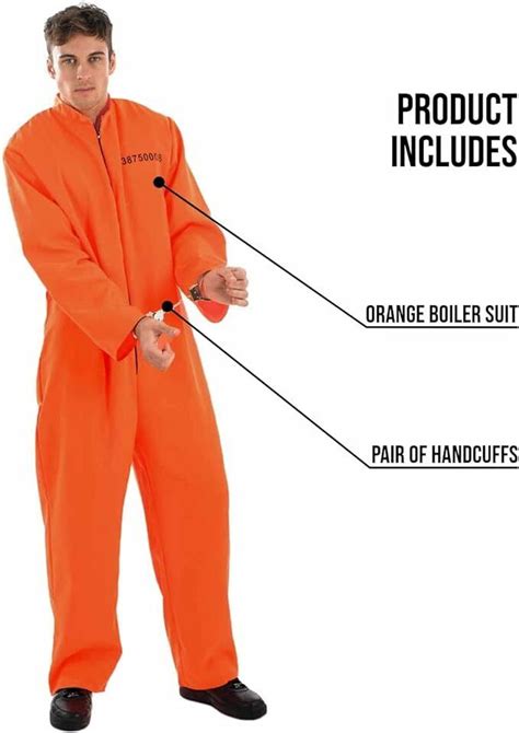 Mens Orange Prisoner Costume Adult Convict Jail Jumpsuit Fancy Dress M