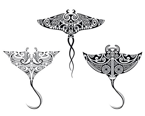 Set Of Manta Ray In Maori Style Sketch Tribal Ethno Style For Divers