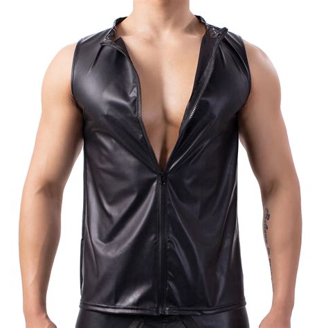 Set Men Undershirts Pu Leather Sleeveless T Shirts Zipper Tank Top Vest