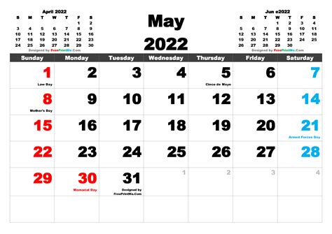 United States May 2022 Calendar With Holidays Free Printable May 2022