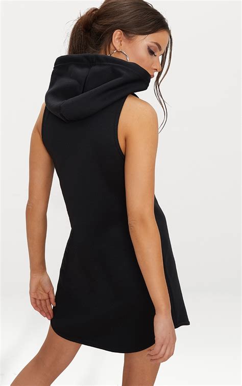 black hooded sleeveless jumper dress prettylittlething