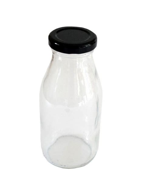 Glass Milk Bottle 250ml X32 Black Lids Drink Bottles Glass